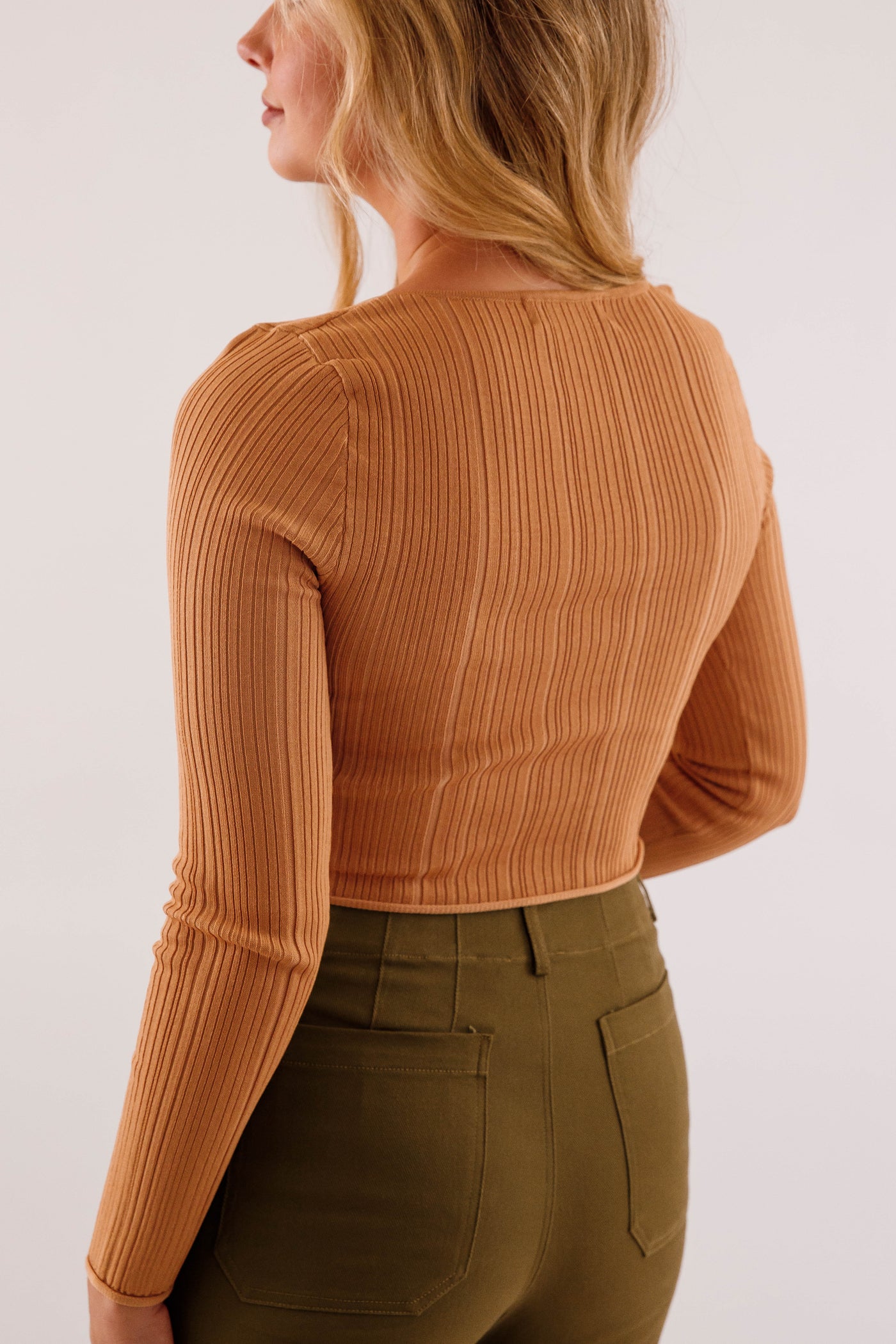 Women's Ribbed Knit Top- Brown Sweater Top- Women's Basic Fall Tops