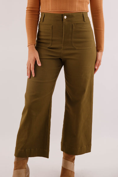 Wide Leg Olive Denim- Women's Front Pocket Jeans- Trendy Style Jeans