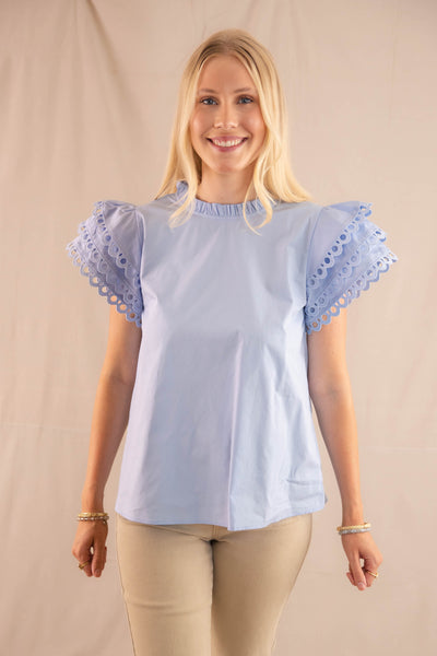 Women's Blue Cotton Blouse- Ruffle Eyelet Sleeve Blouse- Jodifl Tops