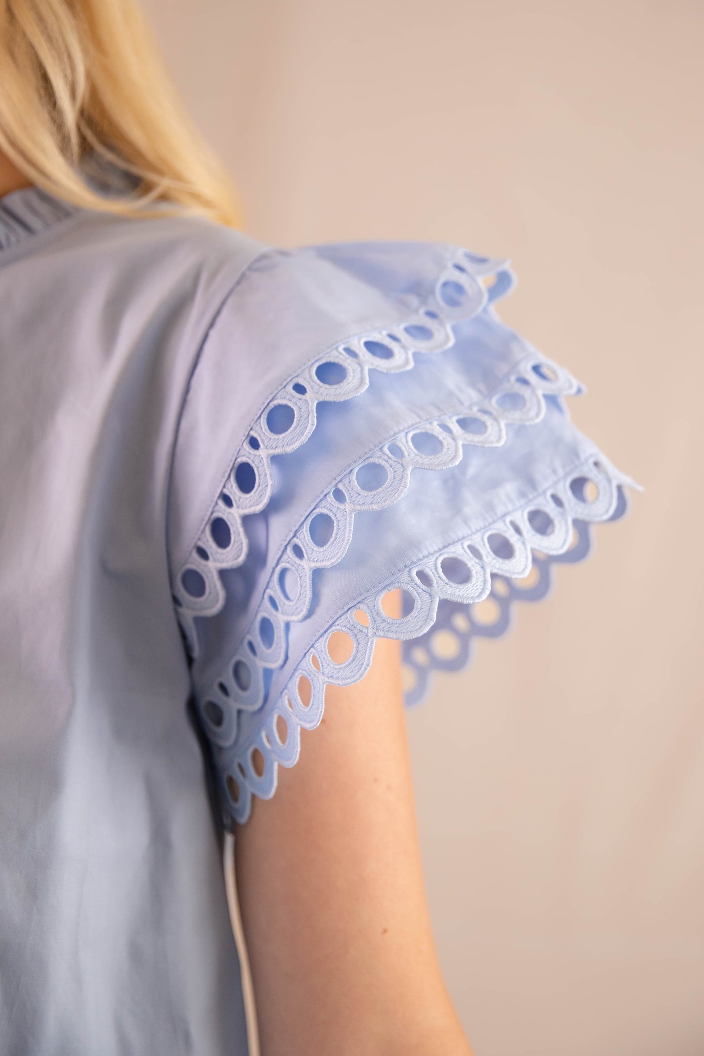 Women's Blue Cotton Blouse- Ruffle Eyelet Sleeve Blouse- Jodifl Tops