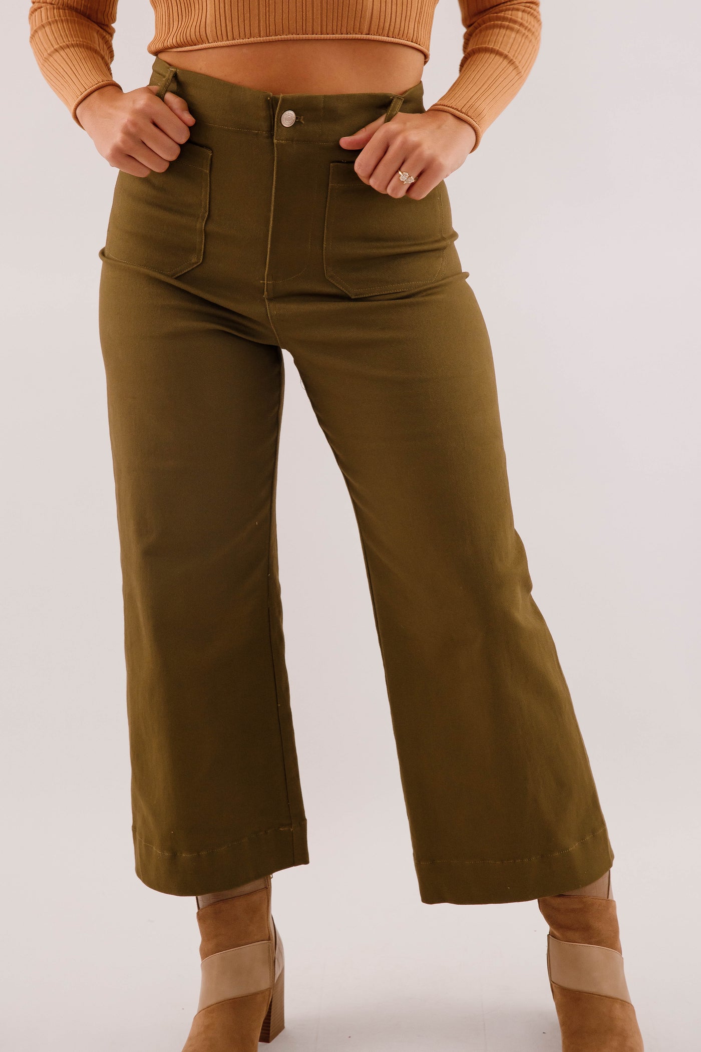 Wide Leg Olive Denim- Women's Front Pocket Jeans- Trendy Style Jeans