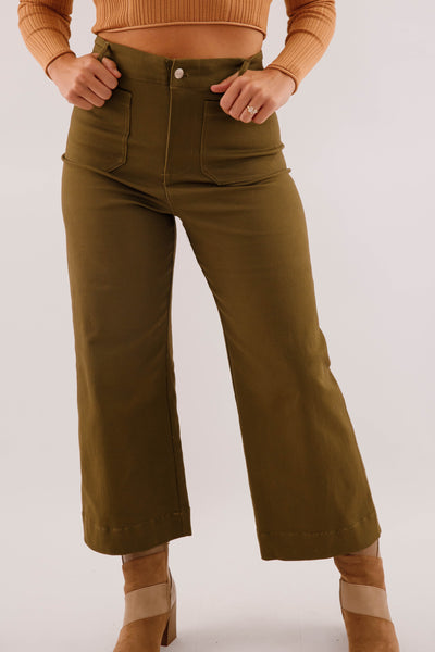 Wide Leg Olive Denim- Women's Front Pocket Jeans- Trendy Style Jeans