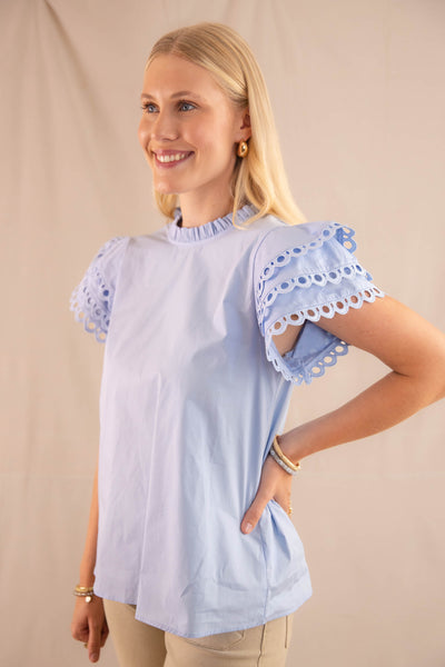 Women's Blue Cotton Blouse- Ruffle Eyelet Sleeve Blouse- Jodifl Tops