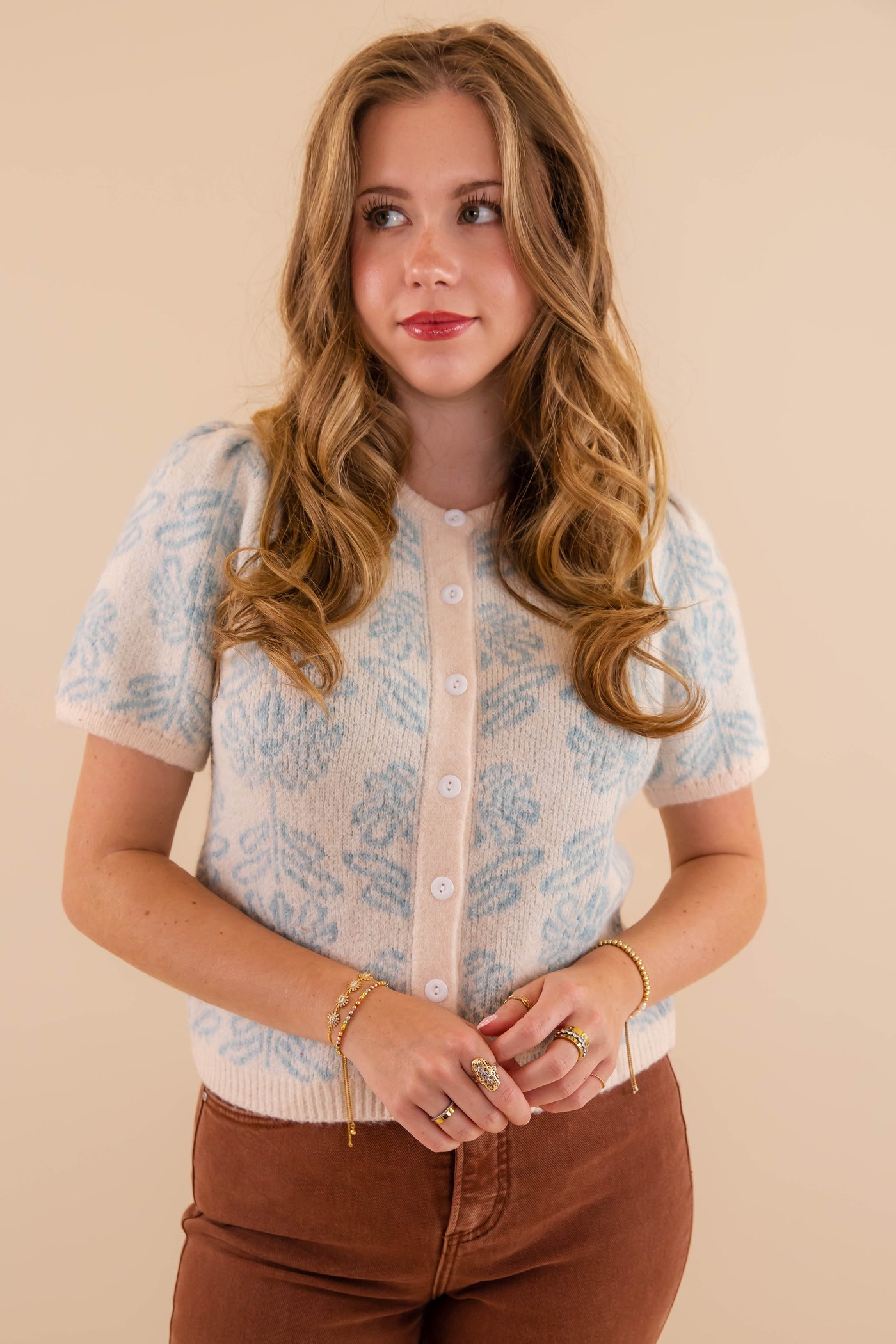 Light Blue Floral Cardigan- Short Sleeve Floral Cardigan- &Merci Floral Short Sleeve Cardigan