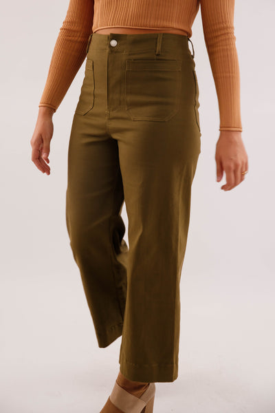 Wide Leg Olive Denim- Women's Front Pocket Jeans- Trendy Style Jeans