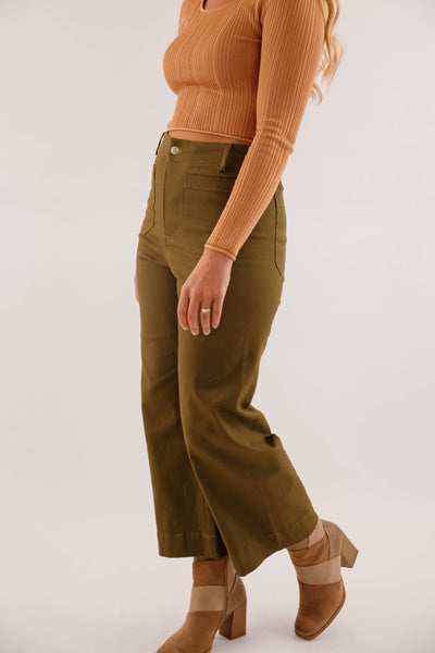 Wide Leg Olive Denim- Women's Front Pocket Jeans- Trendy Style Jeans