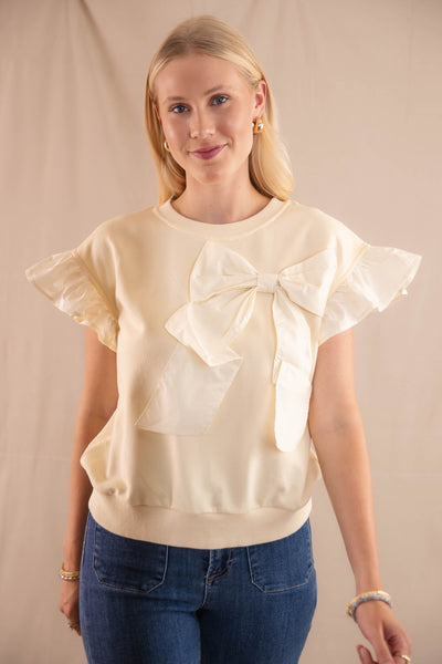 Poplin Bow Pullover Top- Women's Cream Bow Top