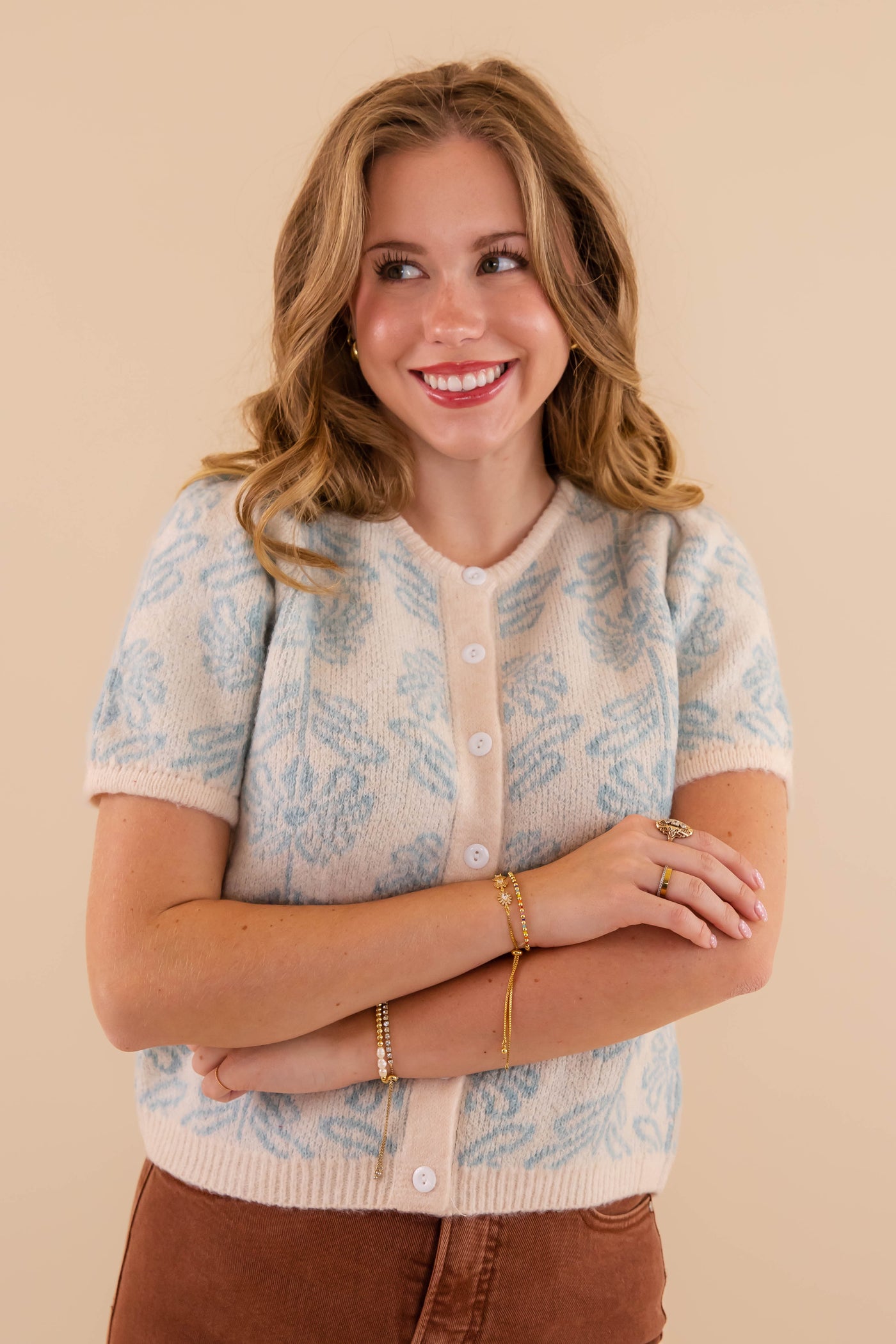 Light Blue Floral Cardigan- Short Sleeve Floral Cardigan- &Merci Floral Short Sleeve Cardigan