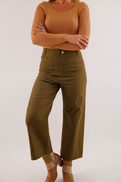 Wide Leg Olive Denim- Women's Front Pocket Jeans- Trendy Style Jeans