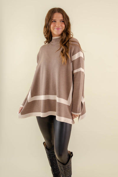 Women's Oversized Two Tone Sweater- Mockneck Brown Sweater- Entro Stripe Sweater