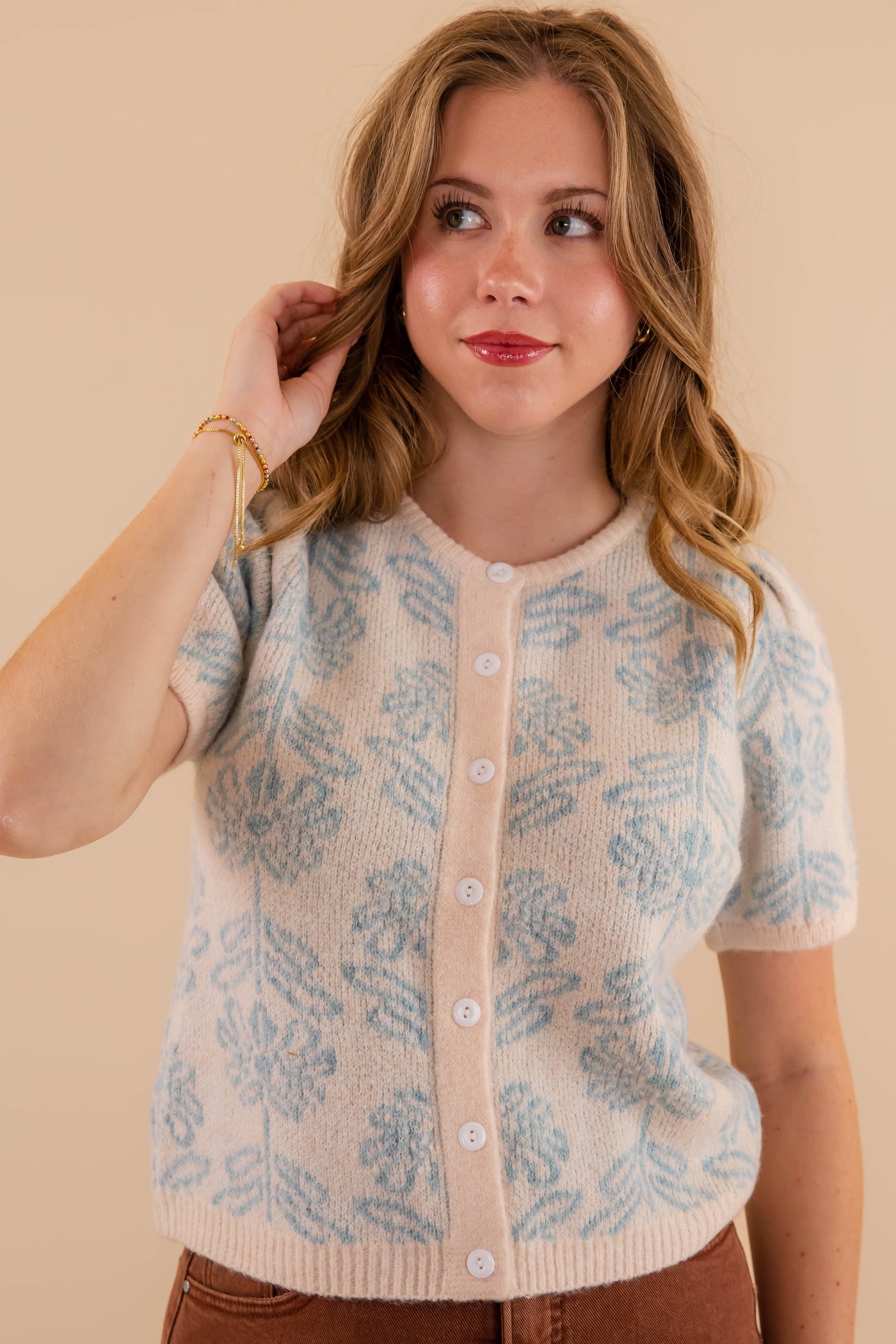Light Blue Floral Cardigan- Short Sleeve Floral Cardigan- &Merci Floral Short Sleeve Cardigan
