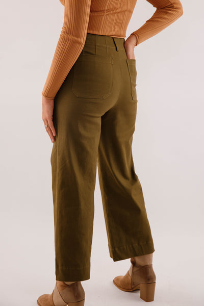 Wide Leg Olive Denim- Women's Front Pocket Jeans- Trendy Style Jeans