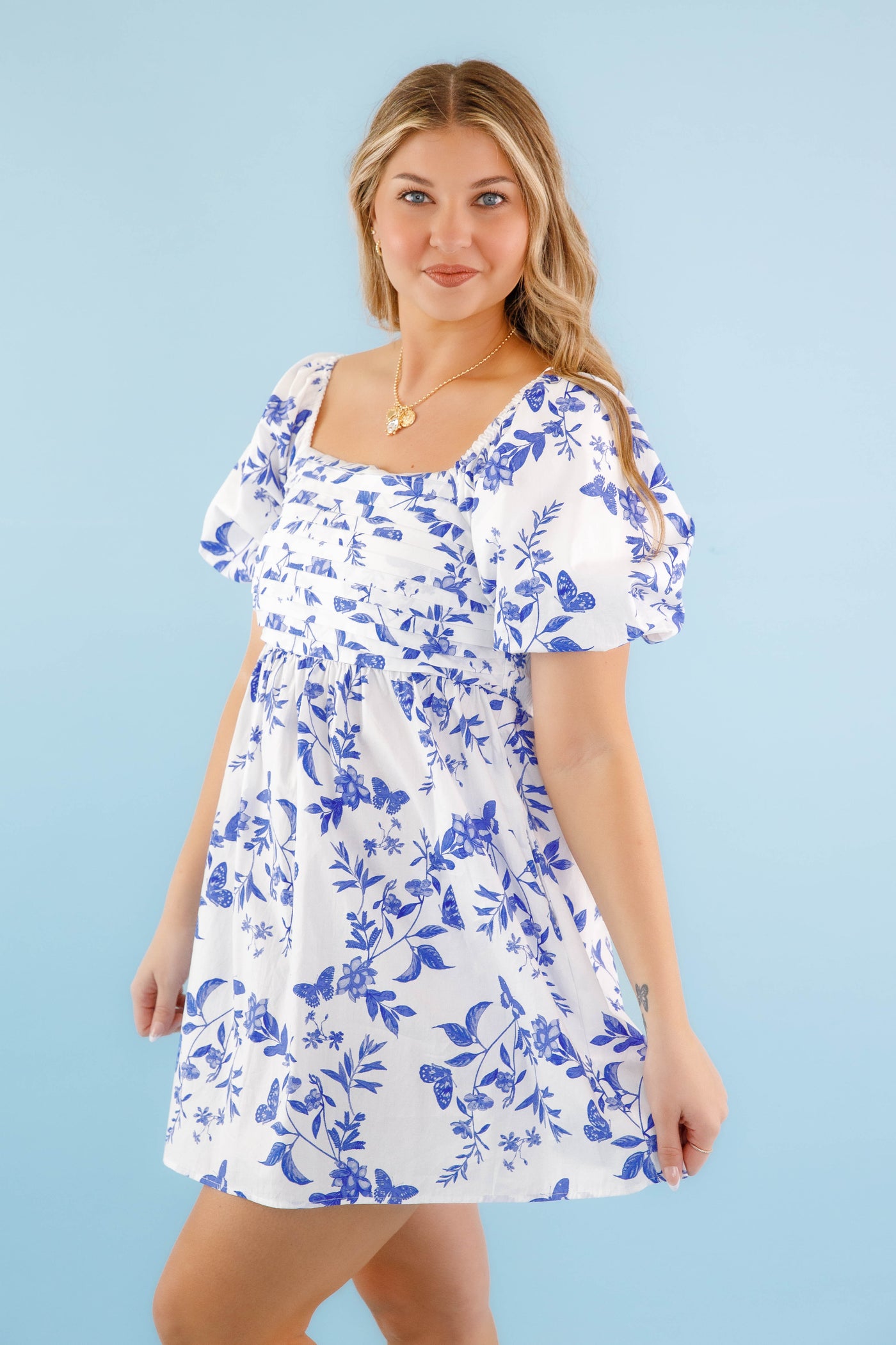 Puff Sleeve Babydoll Mini Dress- Women's Blue and White Floral Dress- SugarLips Mini Dress