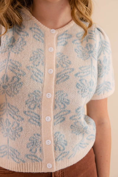 Light Blue Floral Cardigan- Short Sleeve Floral Cardigan- &Merci Floral Short Sleeve Cardigan