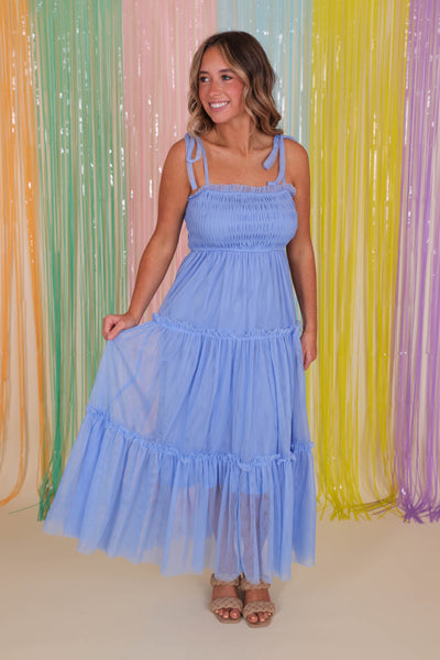 Blue Tulle Midi Dress- Women's Long Tulle Dress- &Merci Dresses