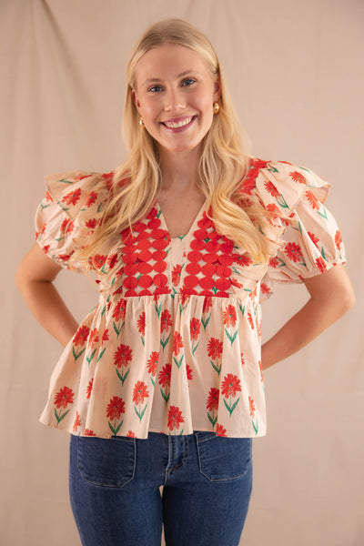 Floral Print Blouse- Women's Preppy Tops- Entro Ruffle Top