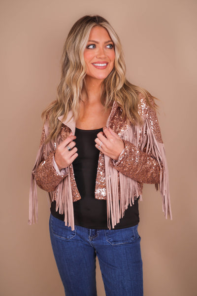 Women's Sequin Fringe Jacket- Sequin Moto Jacket- Peach Love Sequin Jacket