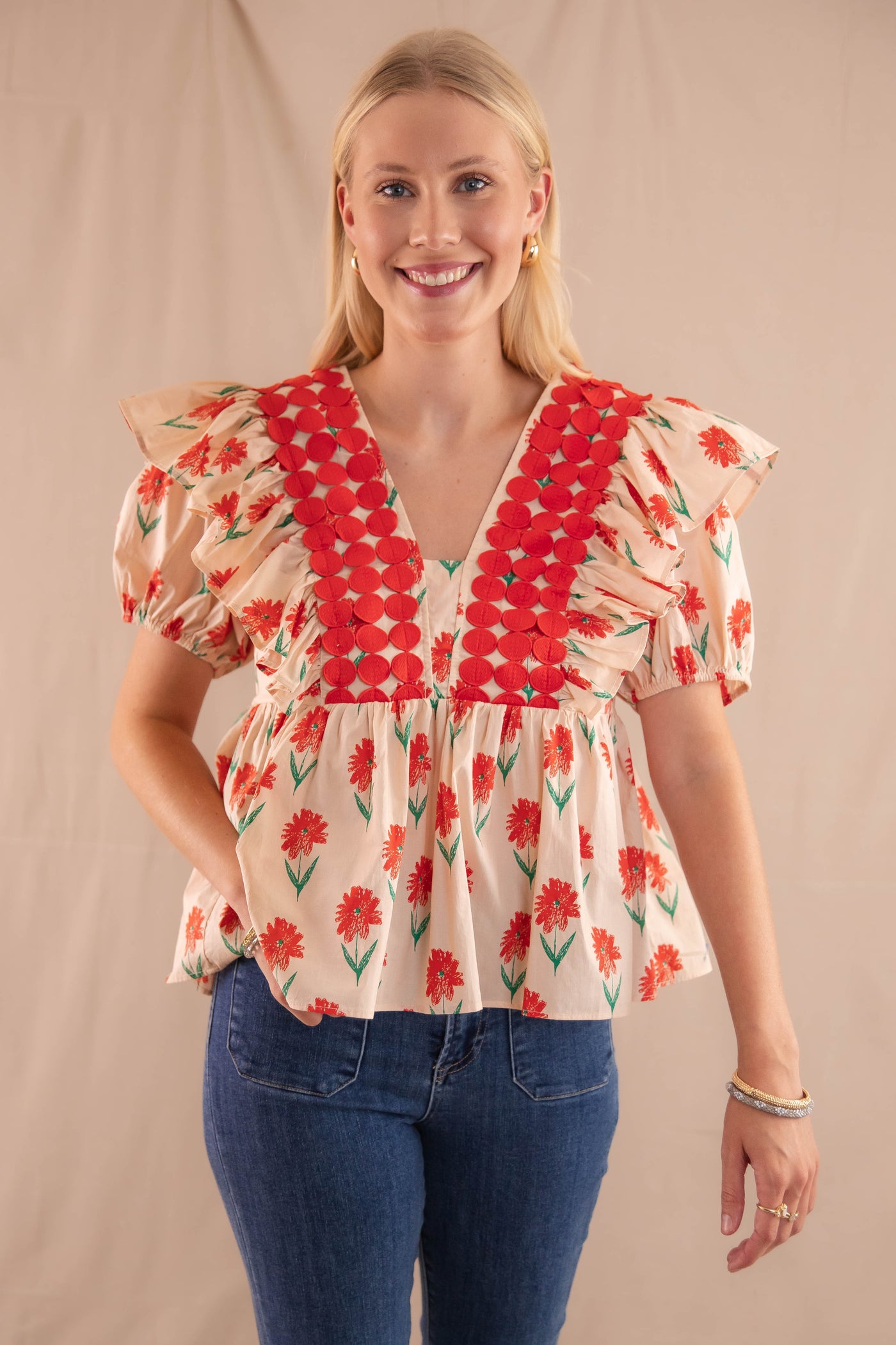 Floral Print Blouse- Women's Preppy Tops- Entro Ruffle Top