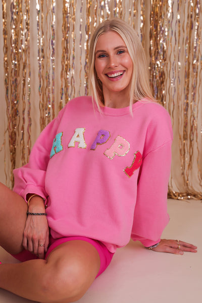 Women's Oversized Sweatshirt- Women's HAPPY Pullover- Women's Patch Sweatshirt