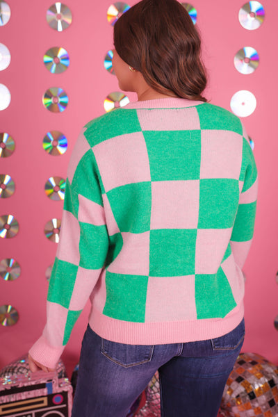 Women's Fun Pink and Green Sweater- Women's Checkered Sweater- Main Strip Sweater