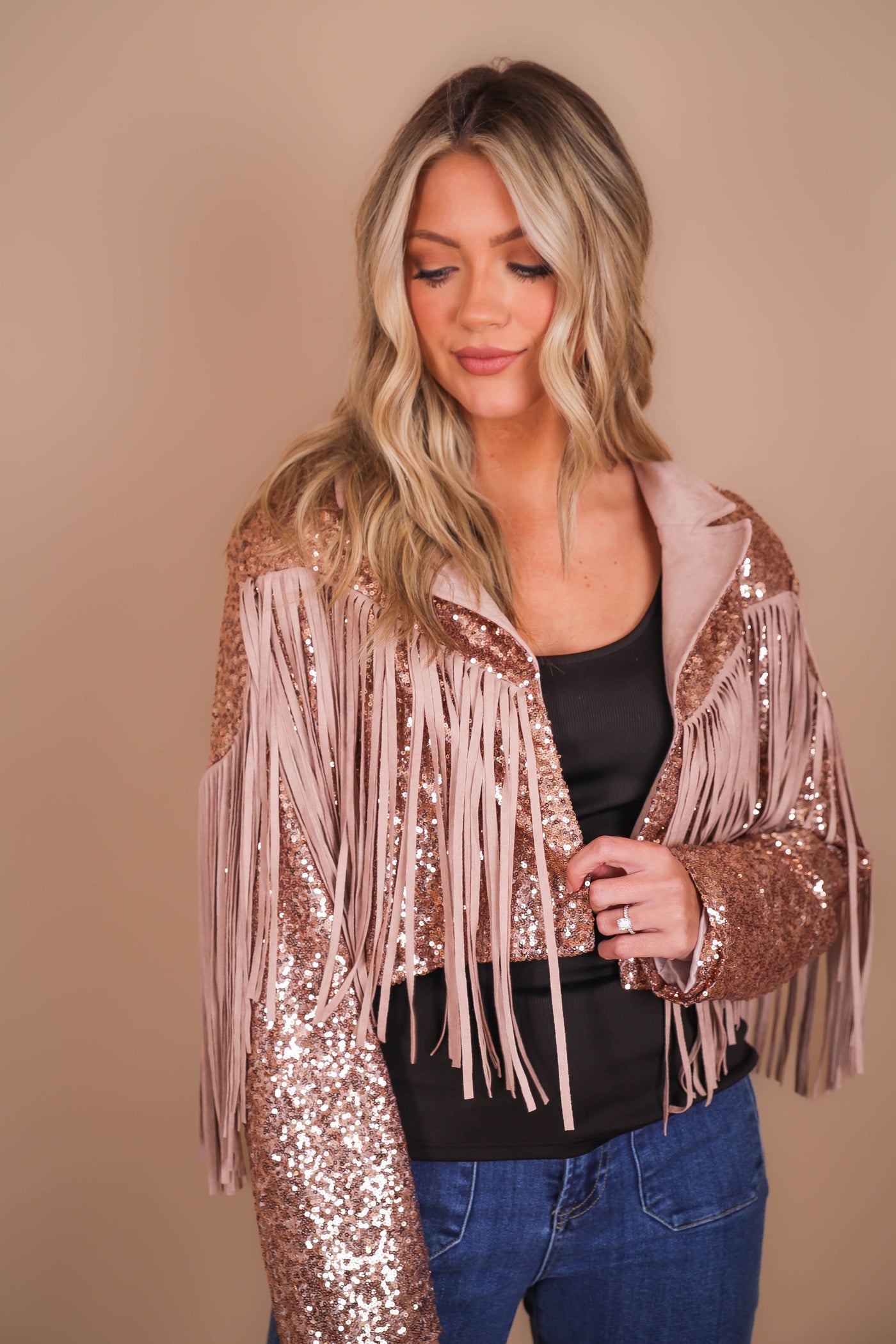 Women's Sequin Fringe Jacket- Sequin Moto Jacket- Peach Love Sequin Jacket