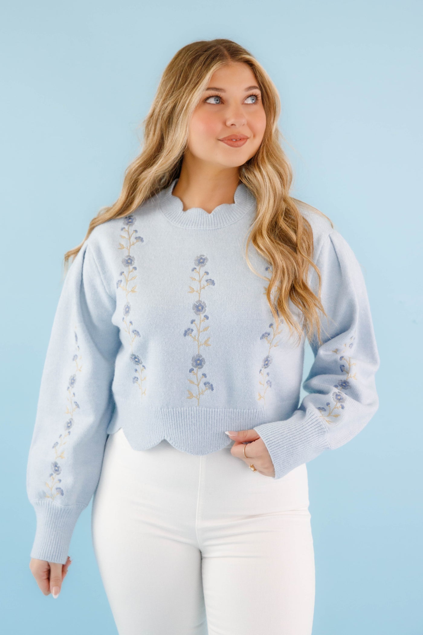 Baby Blue Scallop Sweater- Floral Embroidered Sweater- Women's Blue Flower Sweater