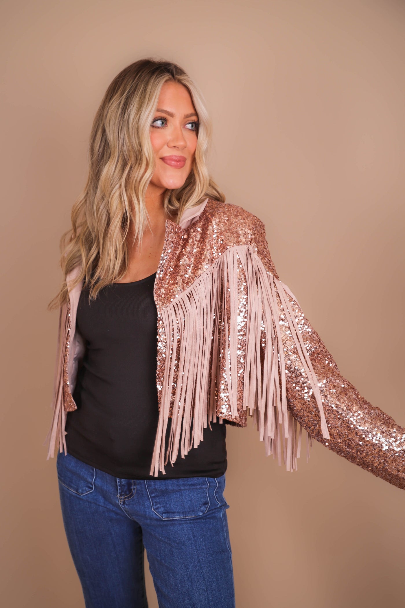 Women's Sequin Fringe Jacket- Sequin Moto Jacket- Peach Love Sequin Jacket