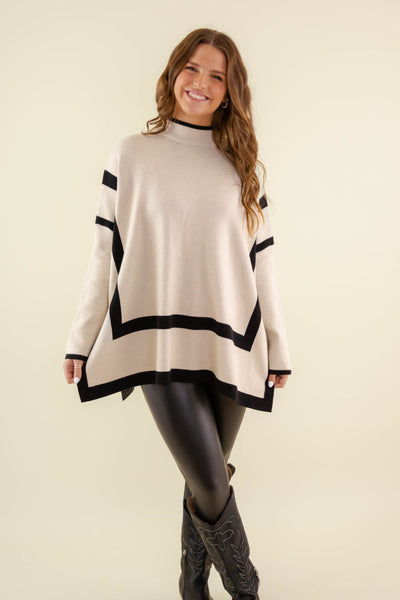 Women's Oversized Two Tone Sweater- Mockneck Taupe Sweater- Entro Stripe Sweater