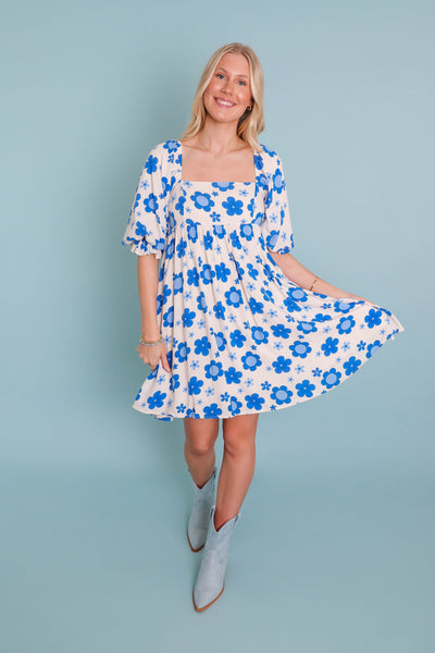 Fun Blue Flower Dress- Retro Inspired Dresses- Fun Blue Spring Dress