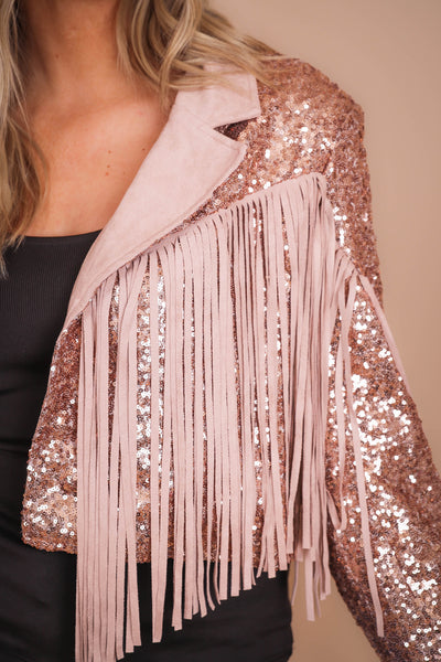 Women's Sequin Fringe Jacket- Sequin Moto Jacket- Peach Love Sequin Jacket