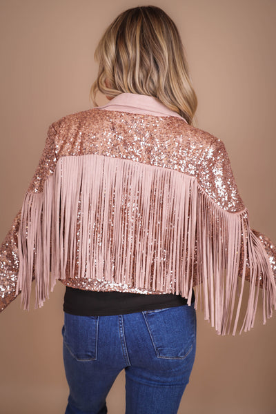 Women's Sequin Fringe Jacket- Sequin Moto Jacket- Peach Love Sequin Jacket