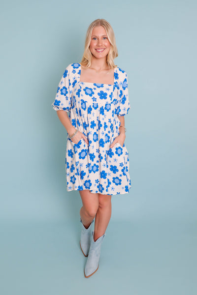 Fun Blue Flower Dress- Retro Inspired Dresses- Fun Blue Spring Dress