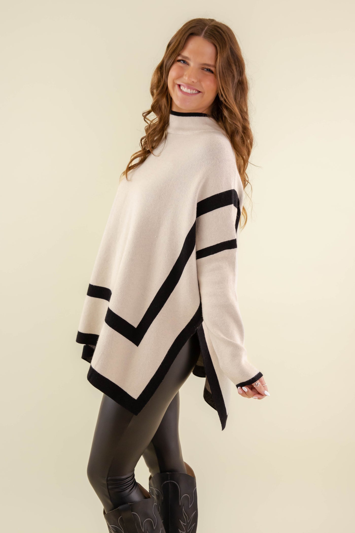 Women's Oversized Two Tone Sweater- Mockneck Taupe Sweater- Entro Stripe Sweater