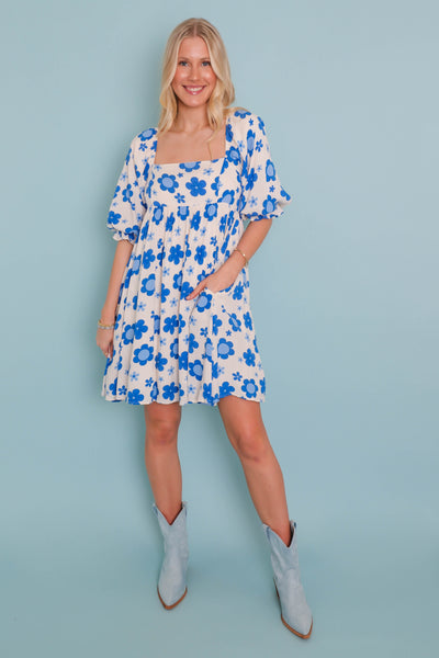 Fun Blue Flower Dress- Retro Inspired Dresses- Fun Blue Spring Dress