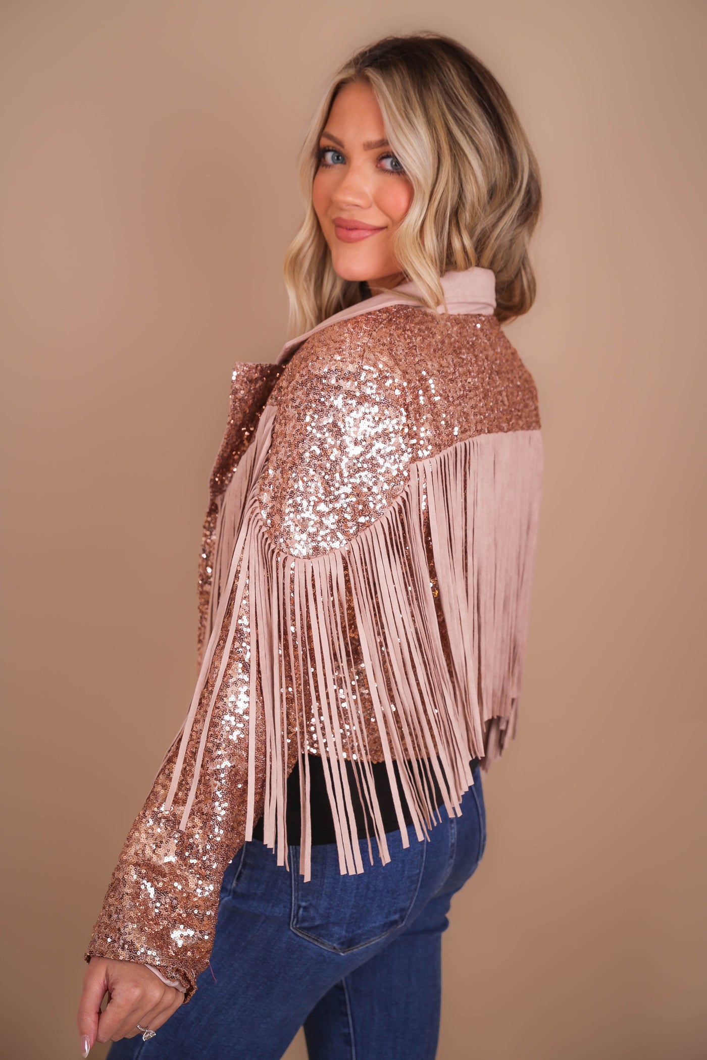 Women's Sequin Fringe Jacket- Sequin Moto Jacket- Peach Love Sequin Jacket