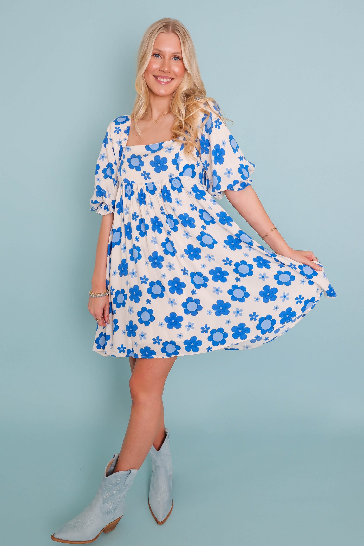 Fun Blue Flower Dress- Retro Inspired Dresses- Fun Blue Spring Dress