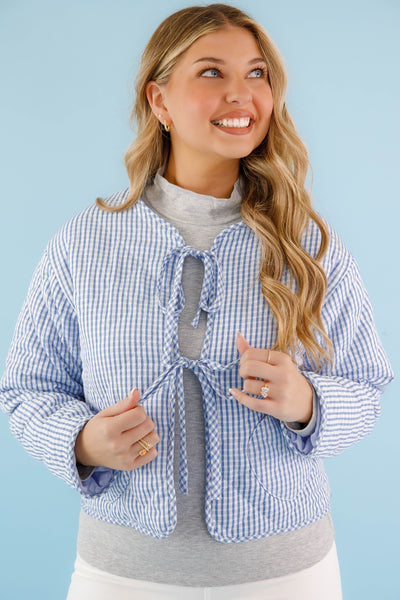 Blue and White Gingham Jacket- Women's Heart Pocket Quilted Jacket