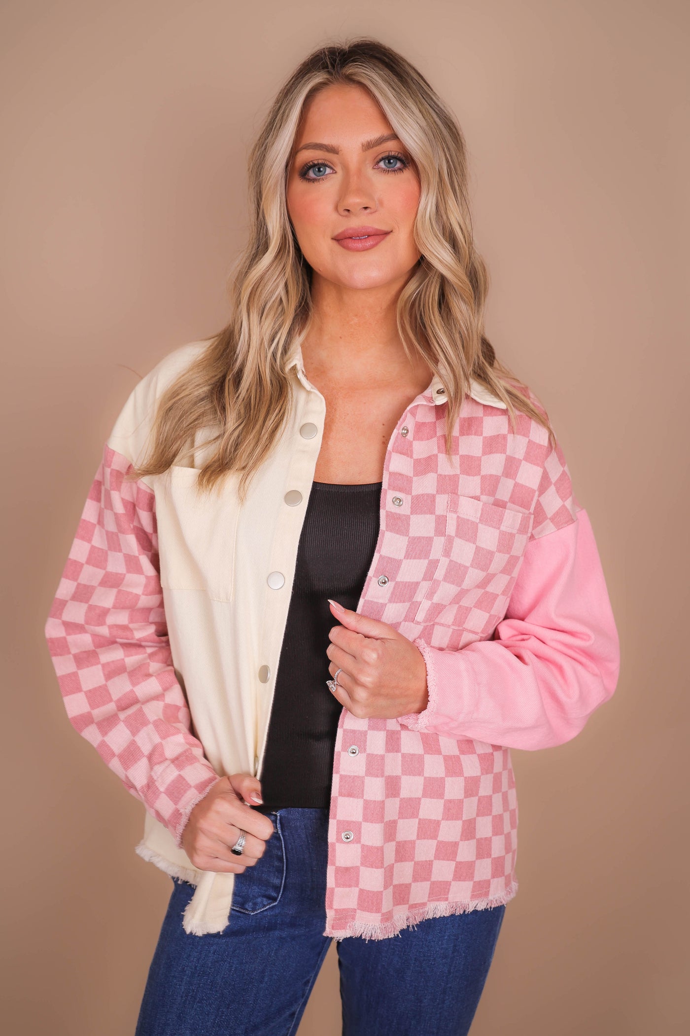 Women's Pink Shacket- Pink Checkered Shacket- Women's Trendy Pink Button Down