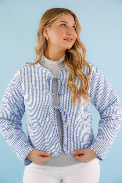 Blue and White Gingham Jacket- Women's Heart Pocket Quilted Jacket