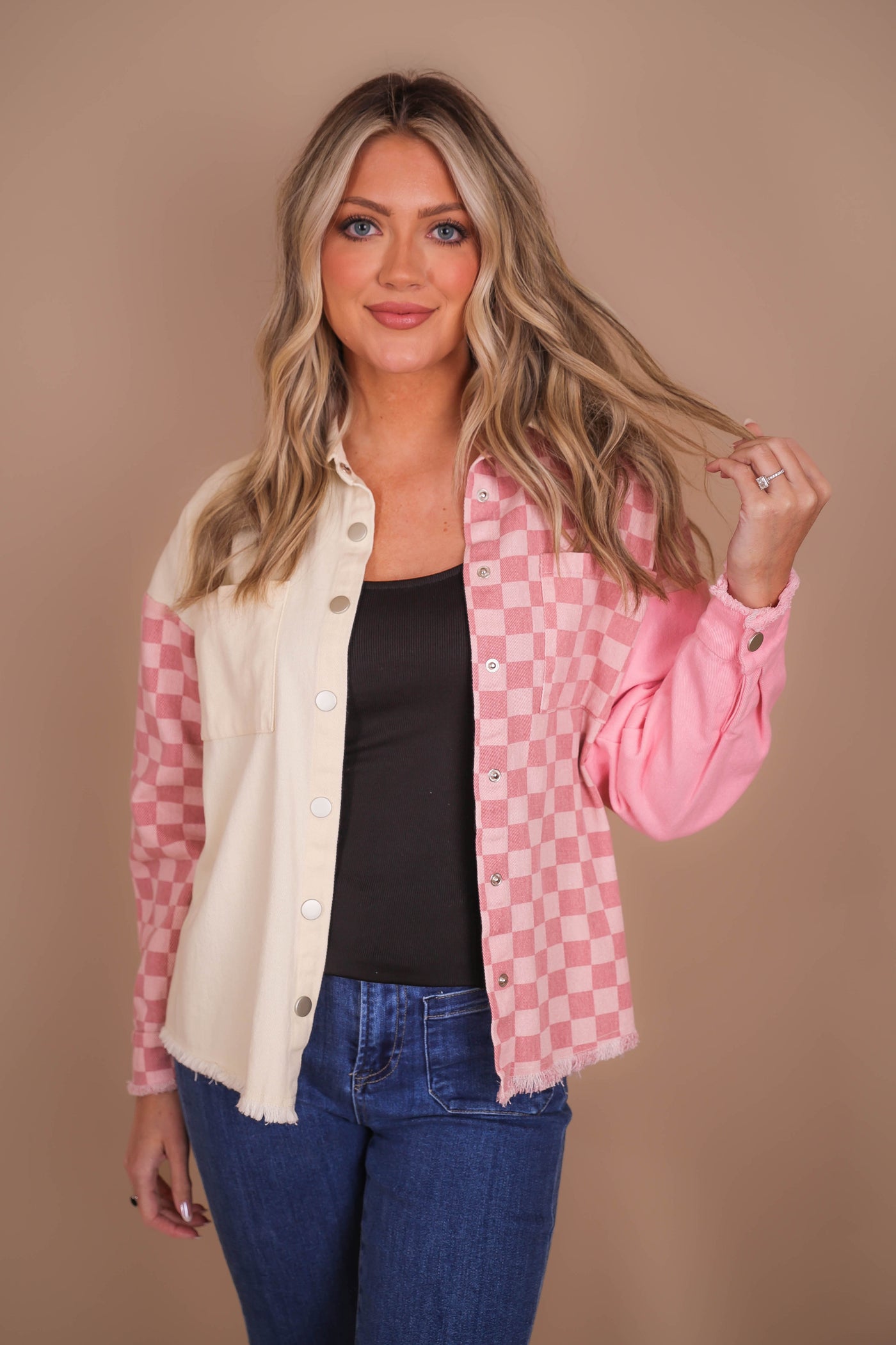 Women's Pink Shacket- Pink Checkered Shacket- Women's Trendy Pink Button Down