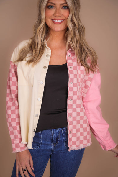 Women's Pink Shacket- Pink Checkered Shacket- Women's Trendy Pink Button Down