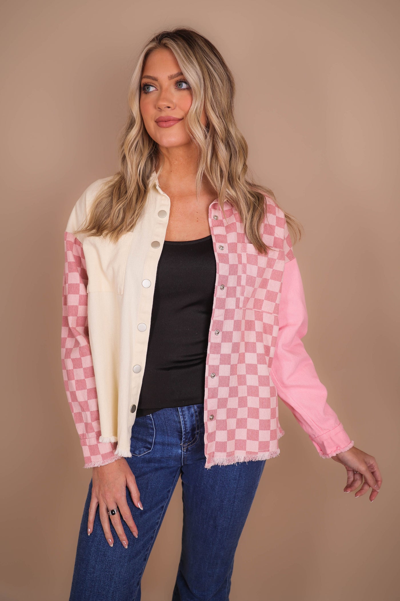 Women's Pink Shacket- Pink Checkered Shacket- Women's Trendy Pink Button Down