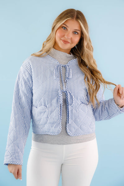 Blue and White Gingham Jacket- Women's Heart Pocket Quilted Jacket