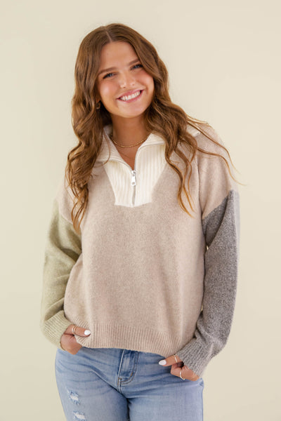 Women's Quarter Zip Sweater- Neutral Color Block Sweater For Women- Super Soft Women's Sweaters