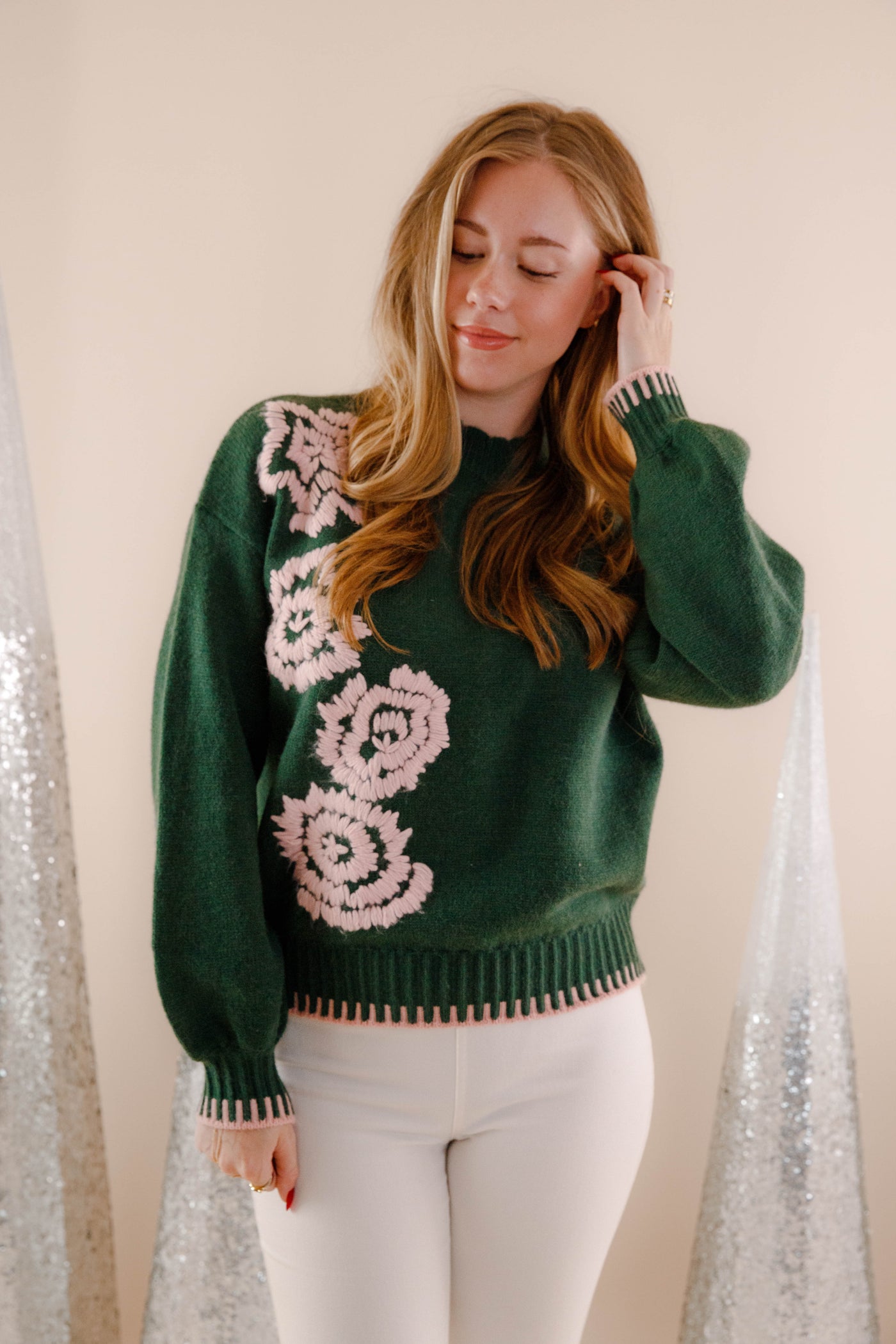 Hunter Green Embroidered Flower Sweater- Women's Pink and Green Sweater- &Merci Sweaters