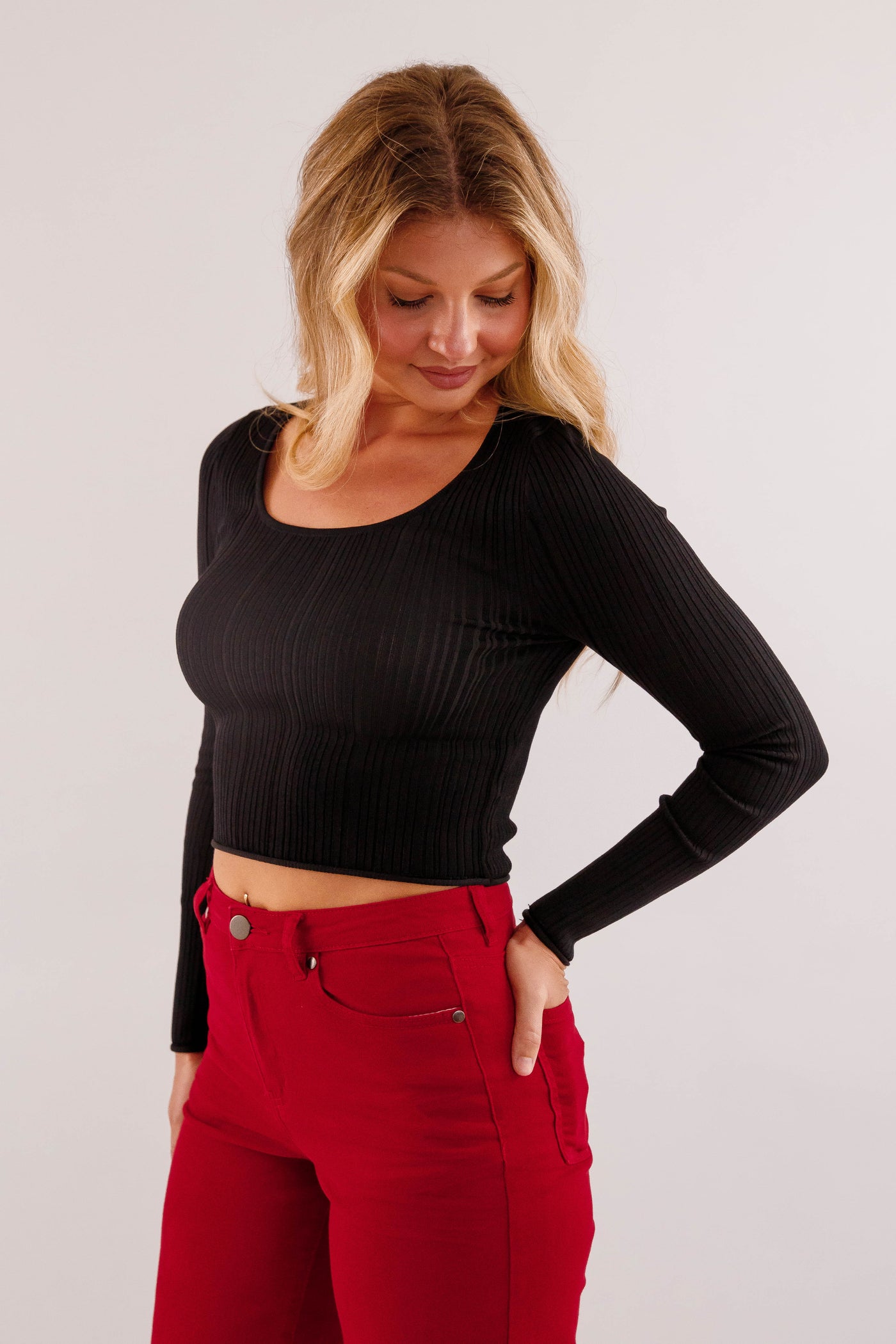 Women's Ribbed Knit Top- Black Sweater Top- Women's Basic Fall Tops