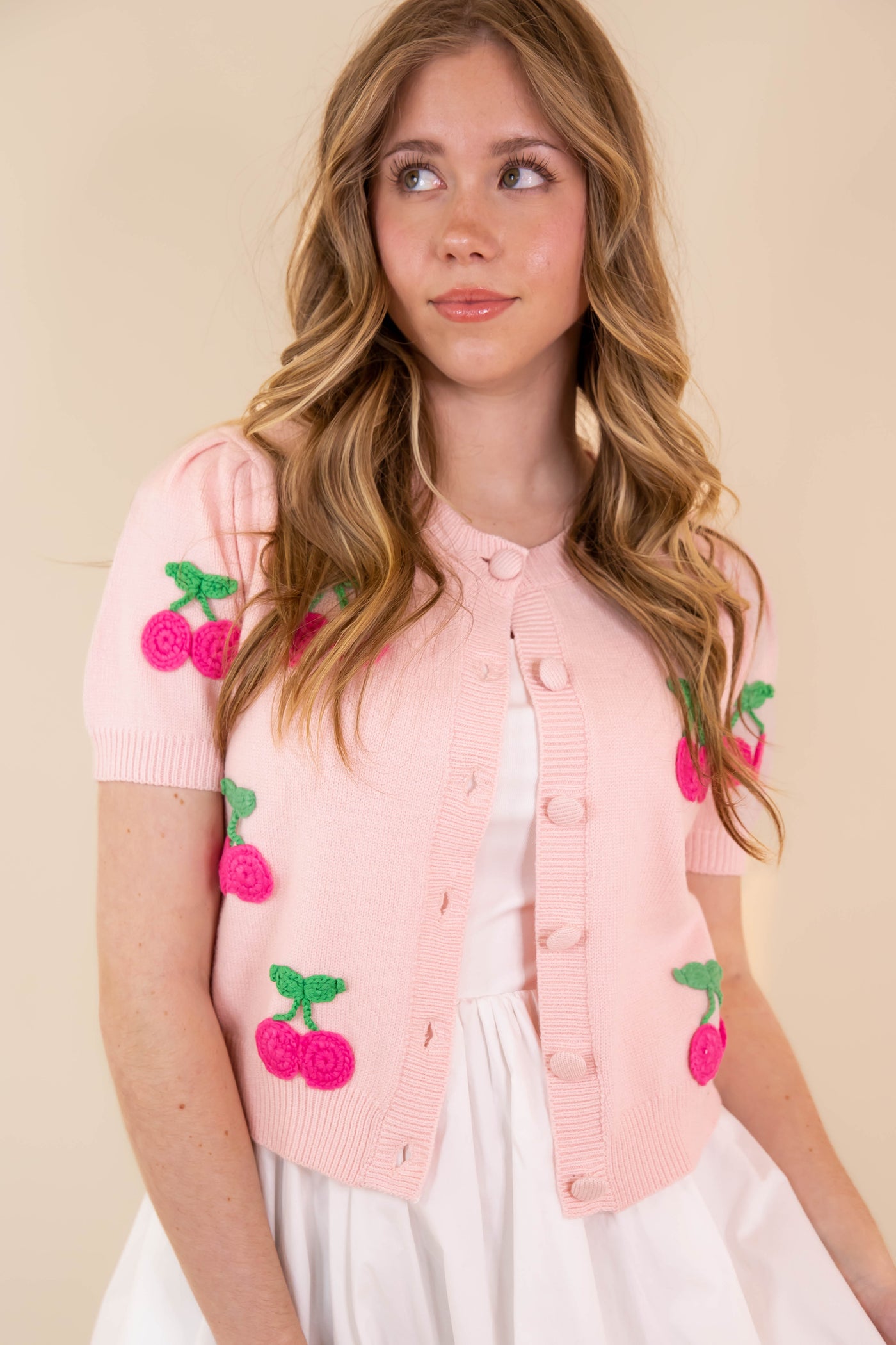 Women's Baby Pink Cardigan- Women's Cherry Cardigan- Dreamers Sweaters
