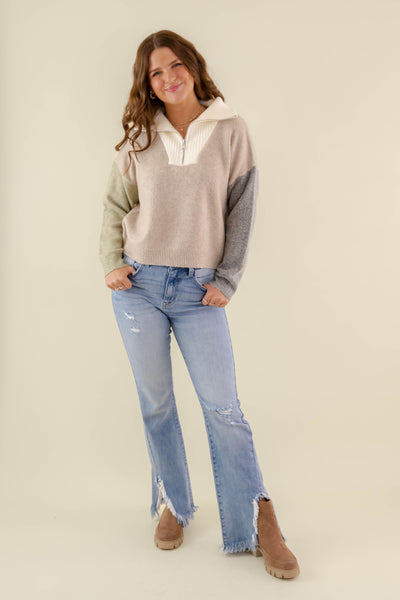 Women's Quarter Zip Sweater- Neutral Color Block Sweater For Women- Super Soft Women's Sweaters