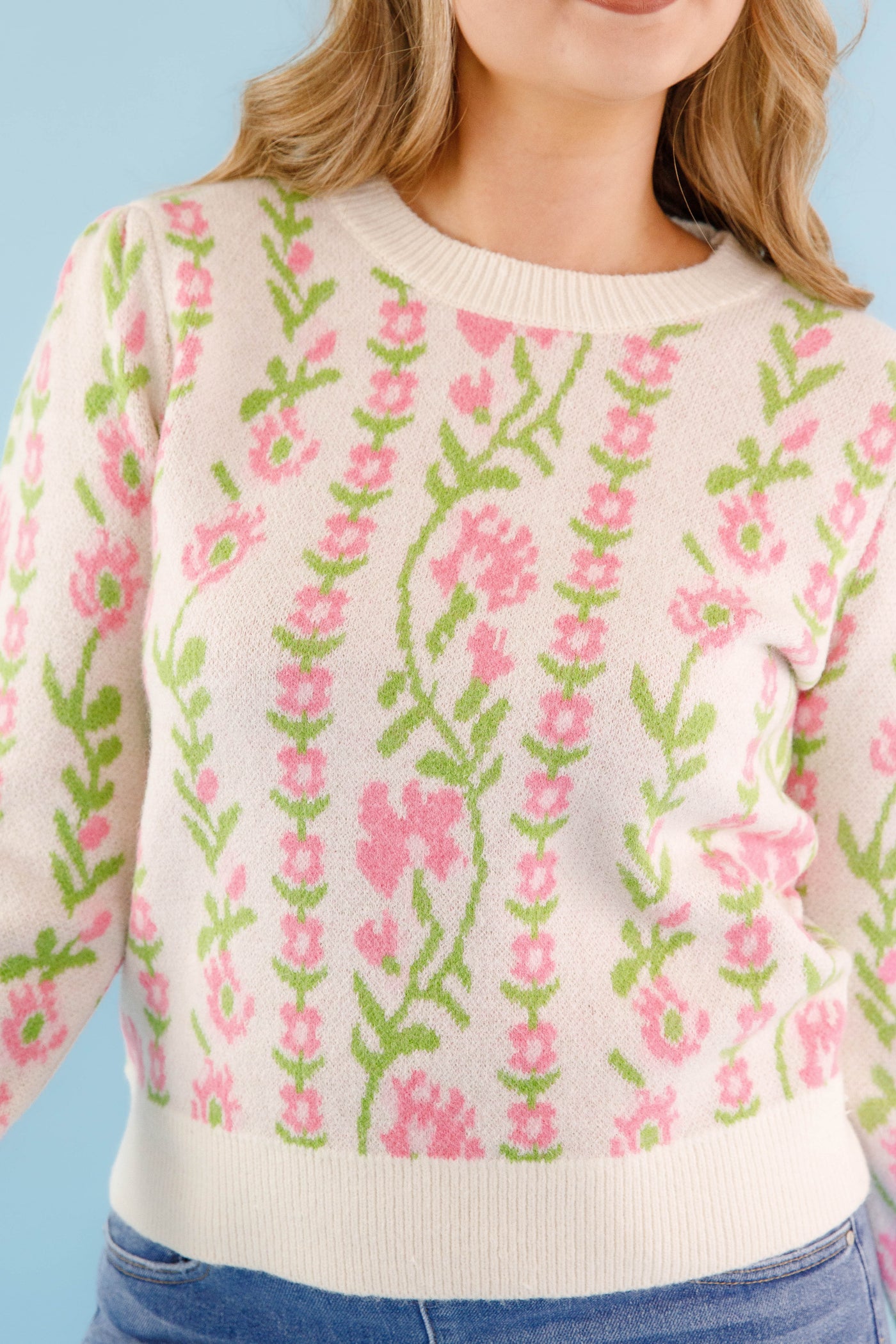 Green and Pink Floral Knit Sweater- Comfy Ivory Floral Print Sweater- &Merci Sweaters