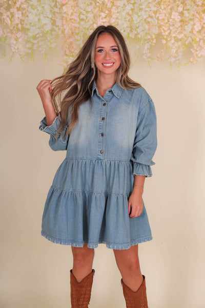 Women's Denim Dress- Women's Babydoll Denim Dress- Women's Long Sleeve Dresses